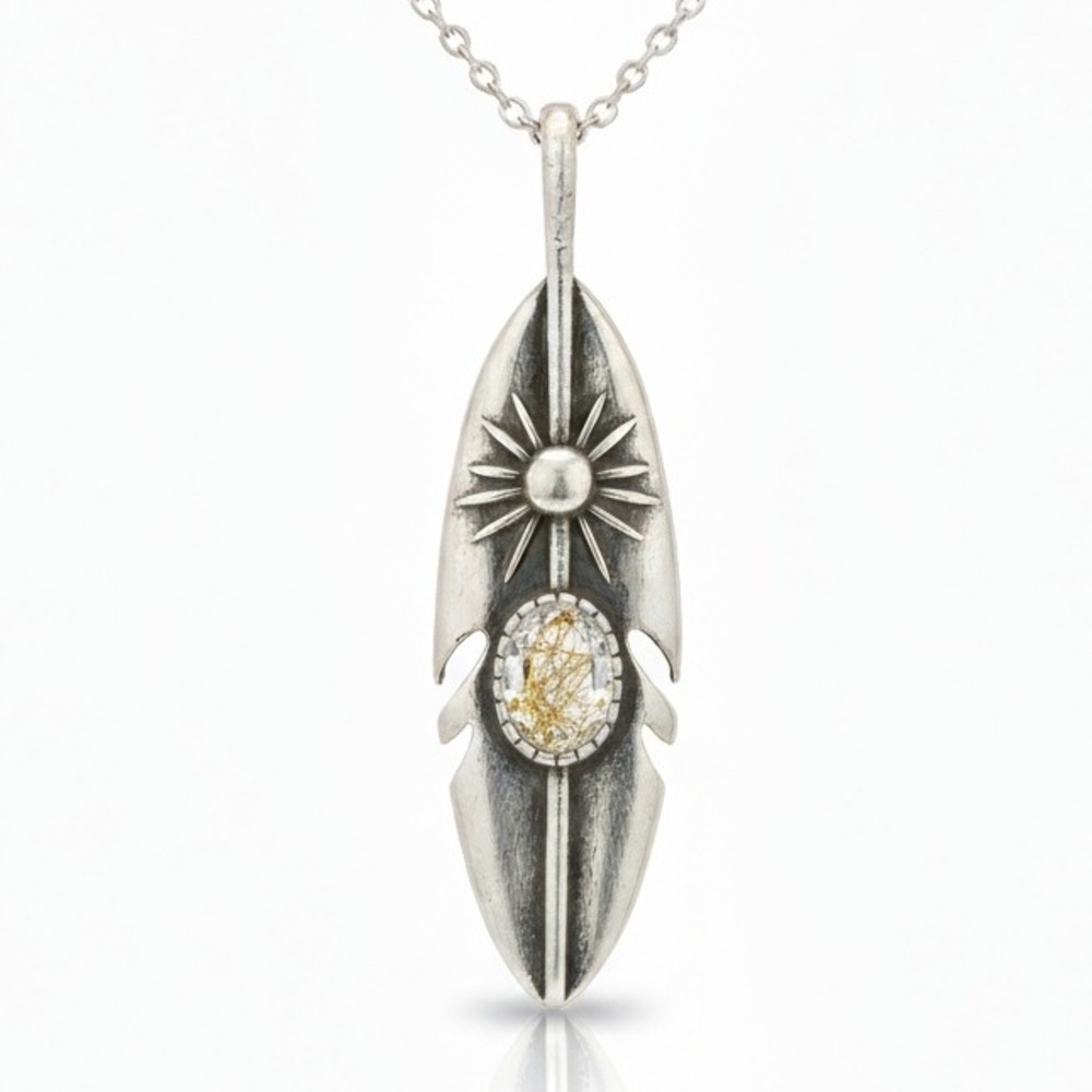 Silver Feather Pendant Necklace with Rutilated Quartz and‎ Sun Charm